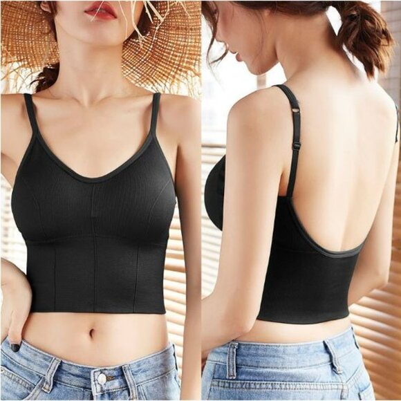 Set Of 3 Women's Ribbed U-Shaped Back Crop Top Bra- Black, Blue & Beige NWOT - Picture 8 of 8